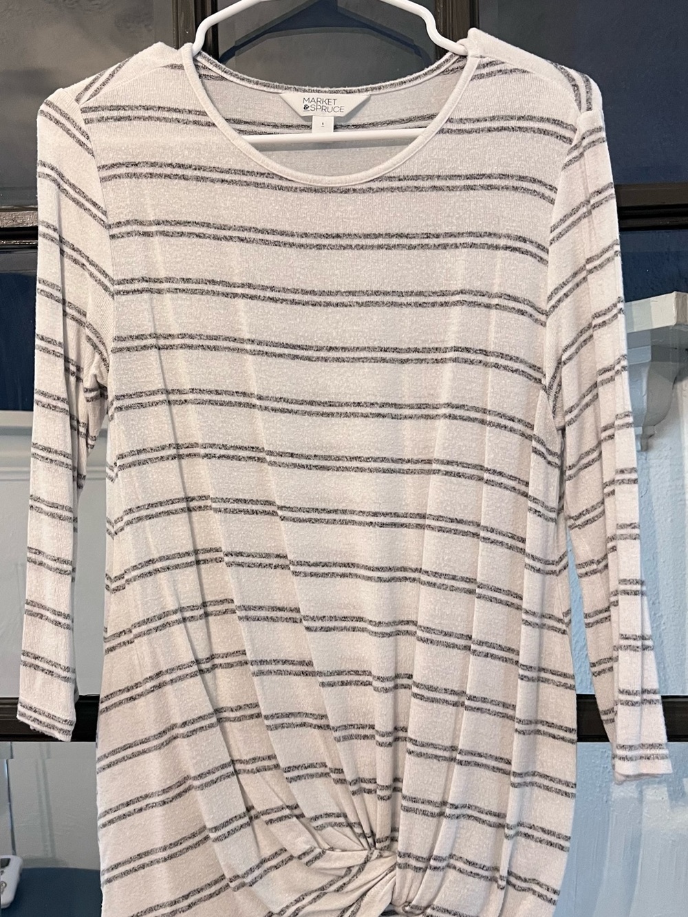 Market & Spruce Cream and Black Striped Knot-Front Long Sleeve Top